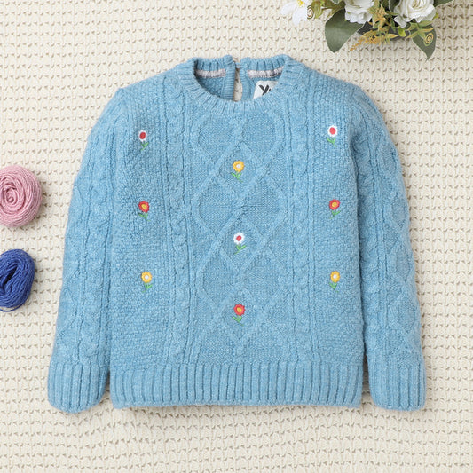Yellow Apple-Cozy Cable Knit Sweater for Girls | Floral Embroidered Pullover | Soft Winter Wear