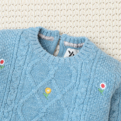 Yellow Apple-Cozy Cable Knit Sweater for Girls | Floral Embroidered Pullover | Soft Winter Wear