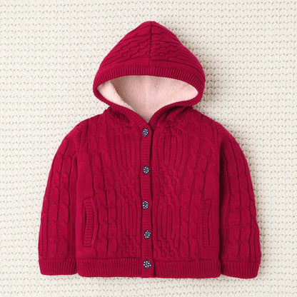 Yellow Apple- Girl Hooded Winter Sweater | Soft Knitted Cardigan with Warm Fleece Lining