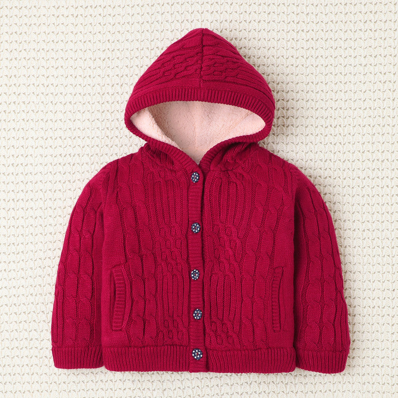 Girl Hooded Winter Sweater | Soft Knitted Cardigan with Warm Fleece Lining