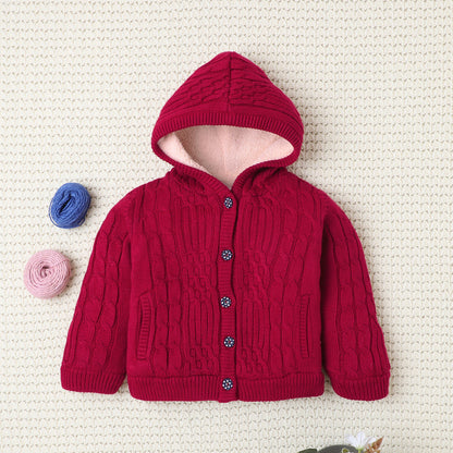 Yellow Apple- Girl Hooded Winter Sweater | Soft Knitted Cardigan with Warm Fleece Lining