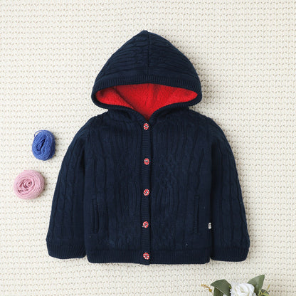 Yellow Apple- Girl Hooded Winter Sweater | Soft Knitted Cardigan with Warm Fleece Lining