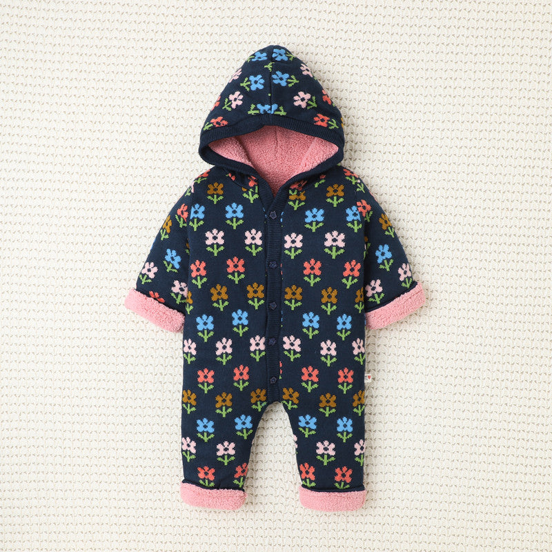 Baby Floral Hooded Fleece Romper | Soft Button-Up One-Piece for Infants & Toddlers