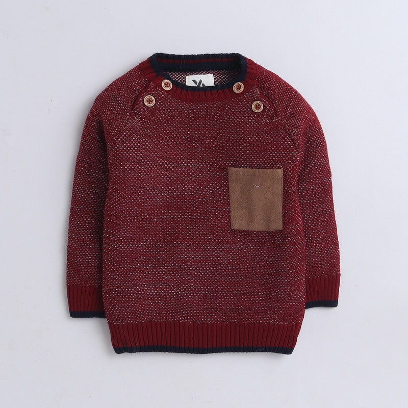 Stylish Kids' Knit Sweater with Chest Pocket and Wooden Buttons