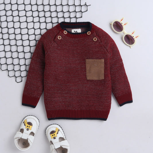 Yellow Apple-Stylish Kids' Knit Sweater with Chest Pocket and Wooden Buttons