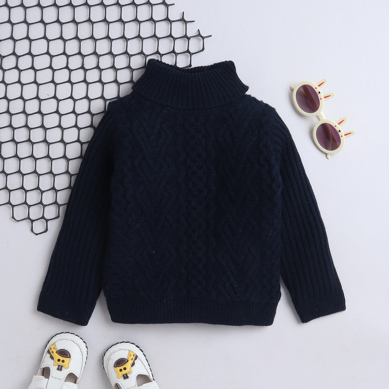 Kids Cable Knit High Neck Sweater | Full Sleeve Winter Pullover with Shoulder Button | Soft Warm Knitted Sweater