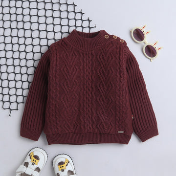 Kids Cable Knit High Neck Sweater | Full Sleeve Winter Pullover with Shoulder Button | Soft Warm Knitted Sweater