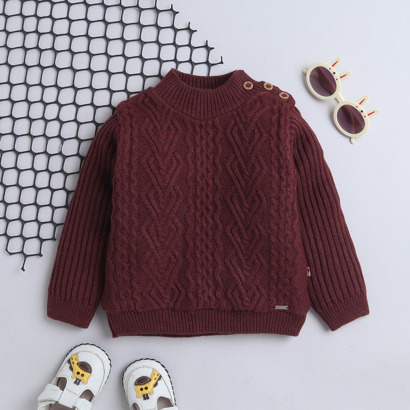 Kids Cable Knit High Neck Sweater | Full Sleeve Winter Pullover with Shoulder Button | Soft Warm Knitted Sweater