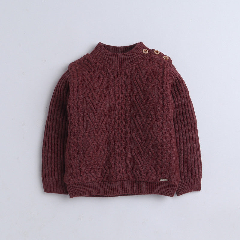 Kids Cable Knit High Neck Sweater | Full Sleeve Winter Pullover with Shoulder Button | Soft Warm Knitted Sweater