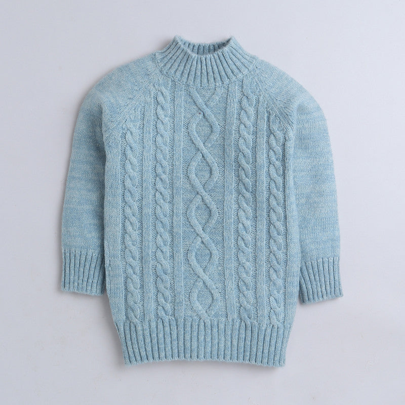 Girls Self Design Round Neck Green Sweater