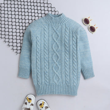 Girls Self Design Round Neck Green Sweater