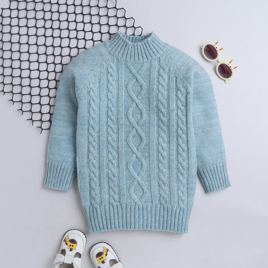 Yellow Apple Girls Self Design Round Neck Green Sweater