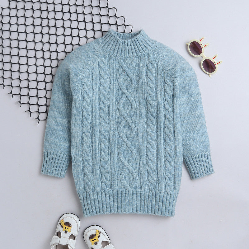 Girls Self Design Round Neck Green Sweater