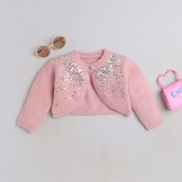 Girls Embellished Knit Poncho | Soft Warm Full Sleeve Winter Shrug with Sequin Detail | Cozy Kids Winter Layer