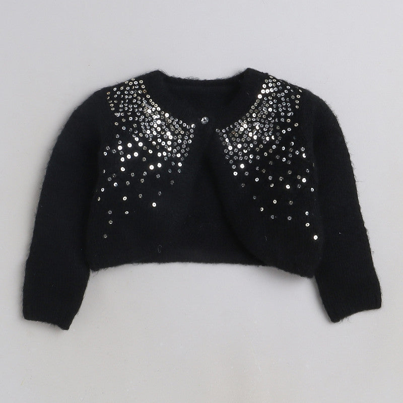 Girls Embellished Knit Poncho | Soft Warm Full Sleeve Winter Shrug with Sequin Detail | Cozy Kids Winter Layer