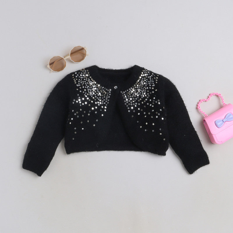 Girls Embellished Knit Poncho | Soft Warm Full Sleeve Winter Shrug with Sequin Detail | Cozy Kids Winter Layer