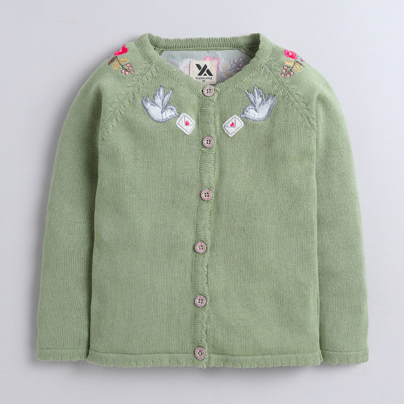 Yellow Apple- Adorable Knit Cardigan for Girls with Bird & Floral Embroidery | Soft & Stylish Button-Up Sweater