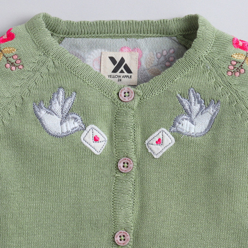 Yellow Apple- Adorable Knit Cardigan for Girls with Bird & Floral Embroidery | Soft & Stylish Button-Up Sweater