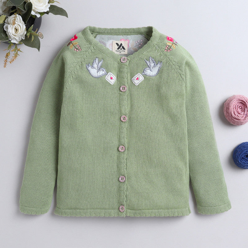 Yellow Apple- Adorable Knit Cardigan for Girls with Bird & Floral Embroidery | Soft & Stylish Button-Up Sweater