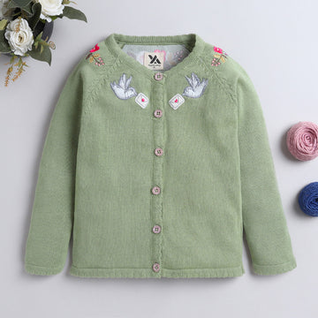 Adorable Knit Cardigan for Girls with Bird & Floral Embroidery | Soft & Stylish Button-Up Sweater