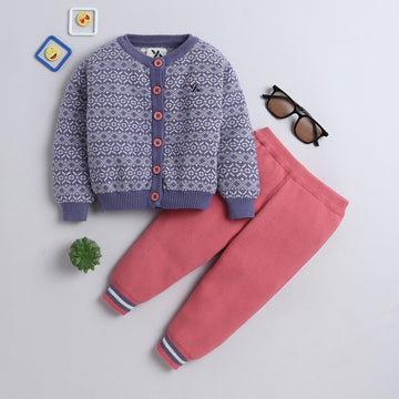 Baby Girls Winter Knitted Co-Ord Set | Premium Cotton Jacquard Cardigan & Knit Pants | Soft Warm Baby Clothing Set