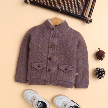 Kids Woolen Button-Up High Neck Cardigan Sweater with Pockets – Full Sleeve Winter Wear