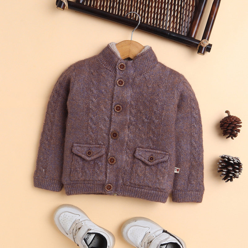 Kids Woolen Button-Up High Neck Cardigan Sweater with Pockets – Full Sleeve Winter Wear