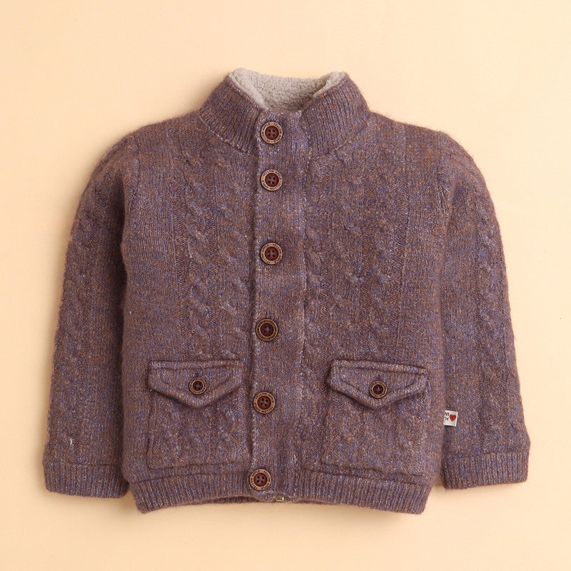 Yellow Apple Kids Woolen Button-Up High Neck Cardigan Sweater with Pockets – Full Sleeve Winter Wear
