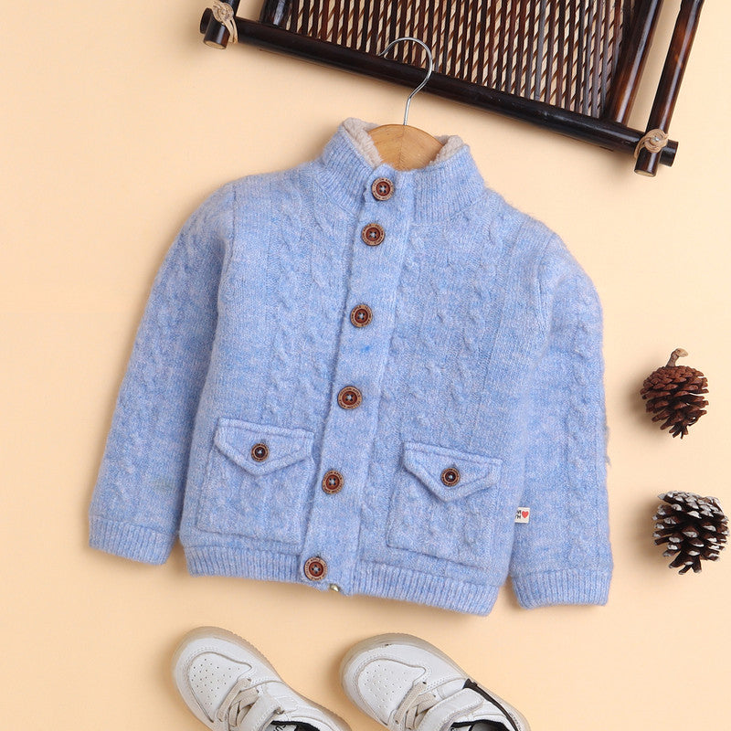 Kids Woolen Button-Up High Neck Cardigan Sweater with Pockets – Full Sleeve Winter Wear
