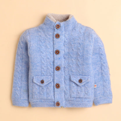 Yellow Apple Kids Woolen Button-Up High Neck Cardigan Sweater with Pockets – Full Sleeve Winter Wear