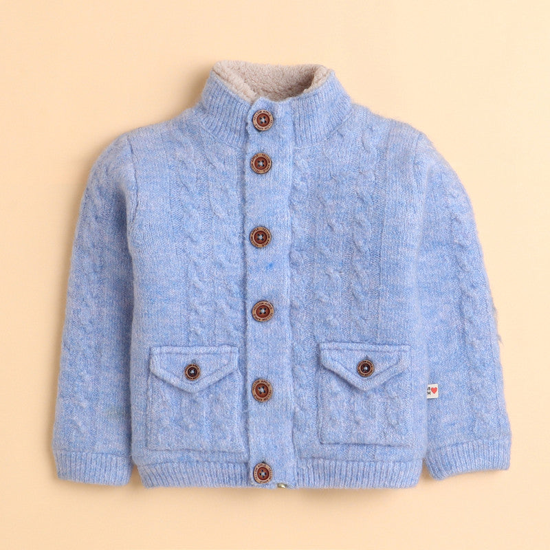 Kids Woolen Button-Up High Neck Cardigan Sweater with Pockets – Full Sleeve Winter Wear