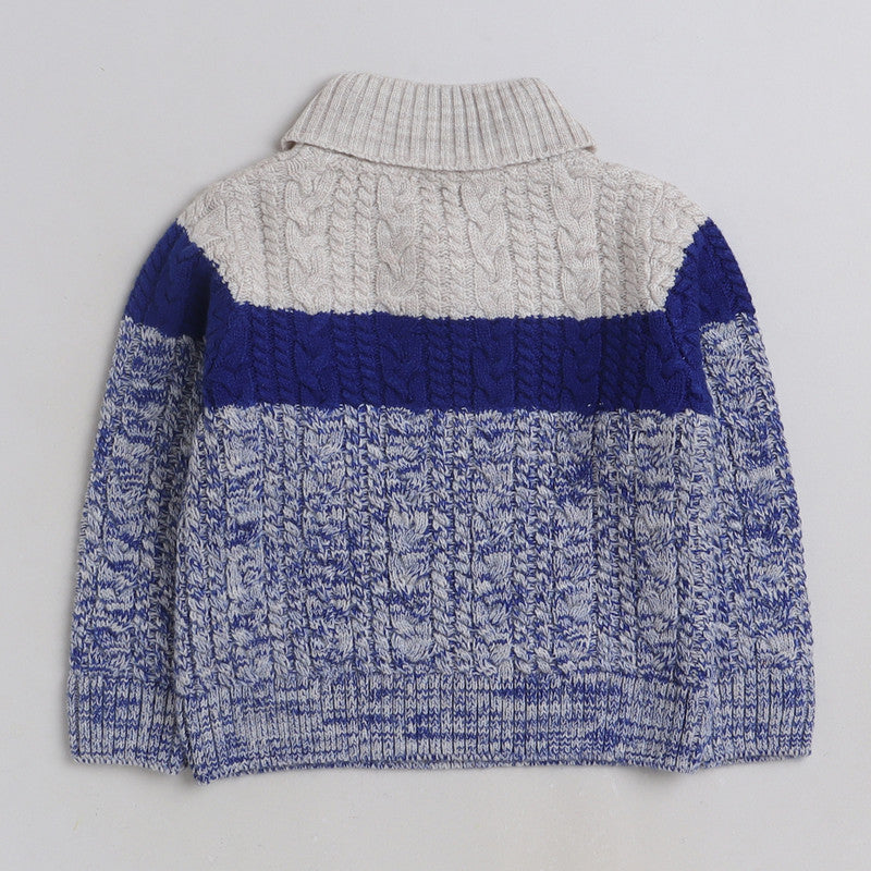Kids Blue & White Cable Knit Sweater | High Neck Shawl Collar Winter Pullover for Boys | Soft Warm Full Sleeve Knitted Sweater