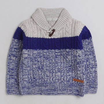 Kids Blue & White Cable Knit Sweater | High Neck Shawl Collar Winter Pullover for Boys | Soft Warm Full Sleeve Knitted Sweater