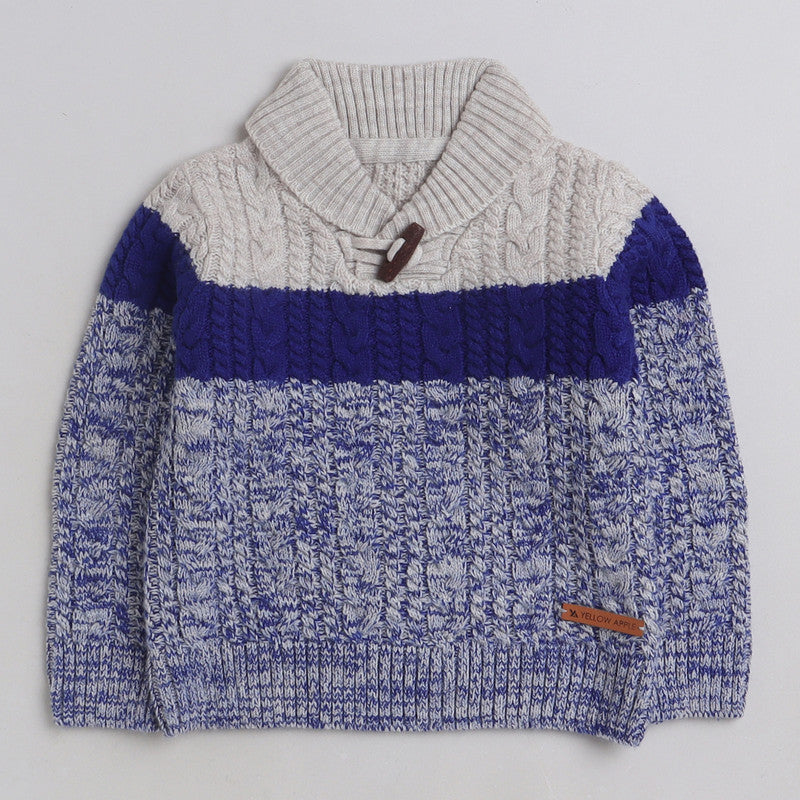 Kids Blue & White Cable Knit Sweater | High Neck Shawl Collar Winter Pullover for Boys | Soft Warm Full Sleeve Knitted Sweater