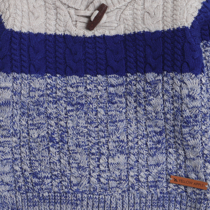 Kids Blue & White Cable Knit Sweater | High Neck Shawl Collar Winter Pullover for Boys | Soft Warm Full Sleeve Knitted Sweater