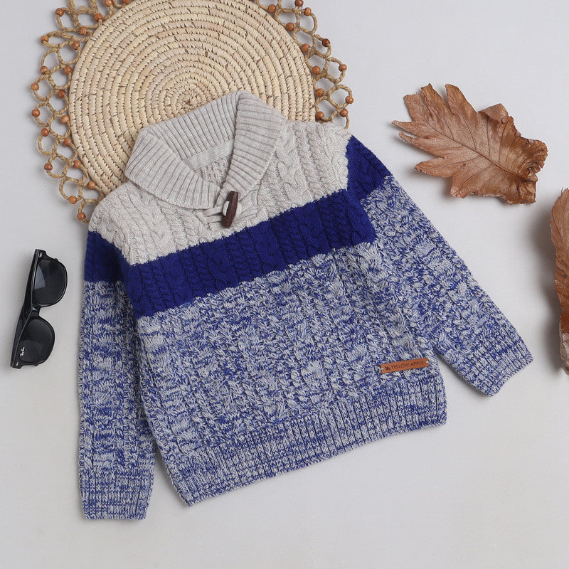Kids Blue & White Cable Knit Sweater | High Neck Shawl Collar Winter Pullover for Boys | Soft Warm Full Sleeve Knitted Sweater