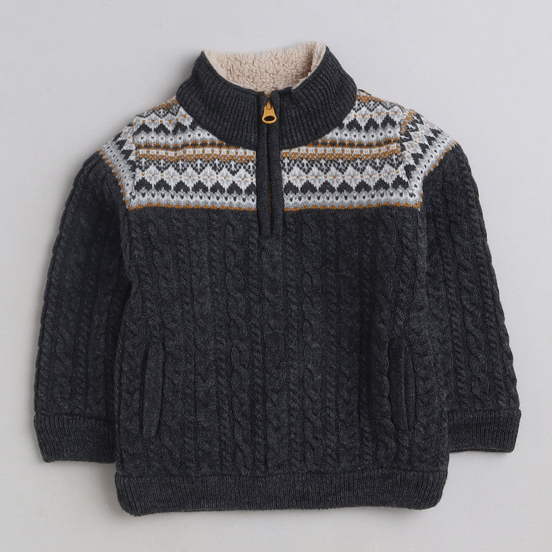 Boys Cable Knit Sweater | Soft Warm High Neck Quarter Zip Full Sleeve Winter Pullover | Cozy Kids Winter Knitwear