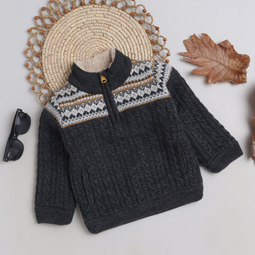 Boys Cable Knit Sweater | Soft Warm High Neck Quarter Zip Full Sleeve Winter Pullover | Cozy Kids Winter Knitwear