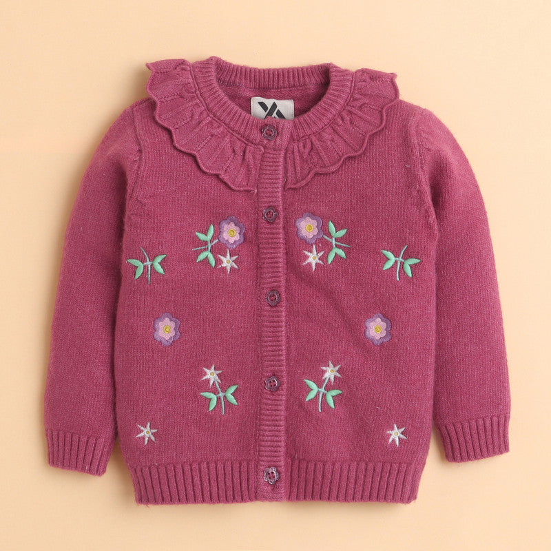 Girls Floral Embroidered Non-Fur Cardigan Sweater