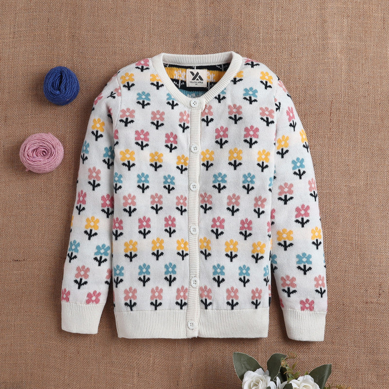 Yellow Apple- Cute Floral Knit Cardigan for Girls | Cozy Button-Down Sweater | Stylish Winter Outfit