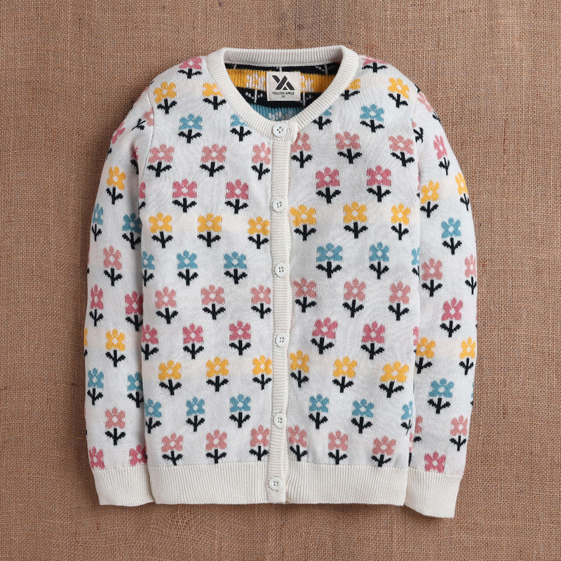 Yellow Apple- Cute Floral Knit Cardigan for Girls | Cozy Button-Down Sweater | Stylish Winter Outfit