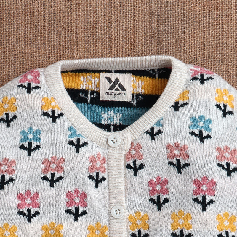 Yellow Apple- Cute Floral Knit Cardigan for Girls | Cozy Button-Down Sweater | Stylish Winter Outfit