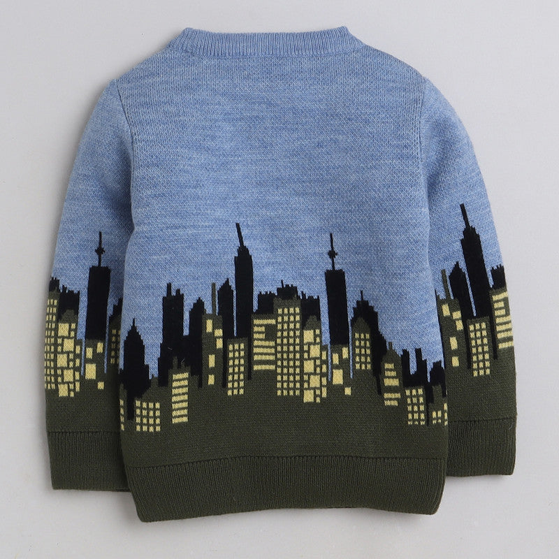 Boys Cityscape Knit Sweater | Soft Warm Round Neck Full Sleeve Winter Pullover | Cozy Kids Winter Knitwear