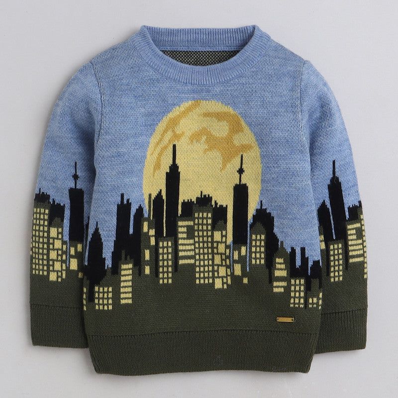 Boys Cityscape Knit Sweater | Soft Warm Round Neck Full Sleeve Winter Pullover | Cozy Kids Winter Knitwear