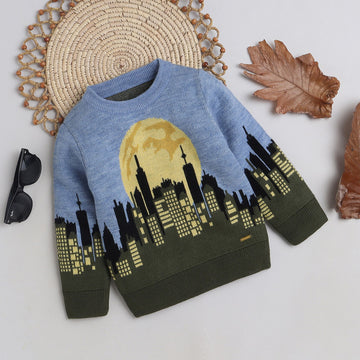 Boys Cityscape Knit Sweater | Soft Warm Round Neck Full Sleeve Winter Pullover | Cozy Kids Winter Knitwear