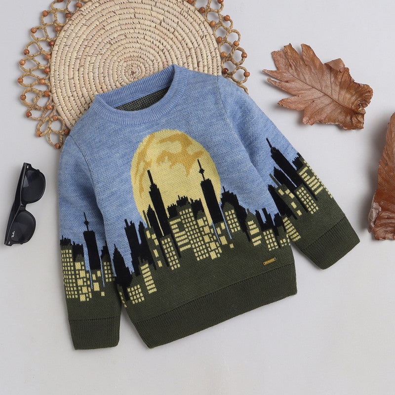 Boys Cityscape Knit Sweater | Soft Warm Round Neck Full Sleeve Winter Pullover | Cozy Kids Winter Knitwear