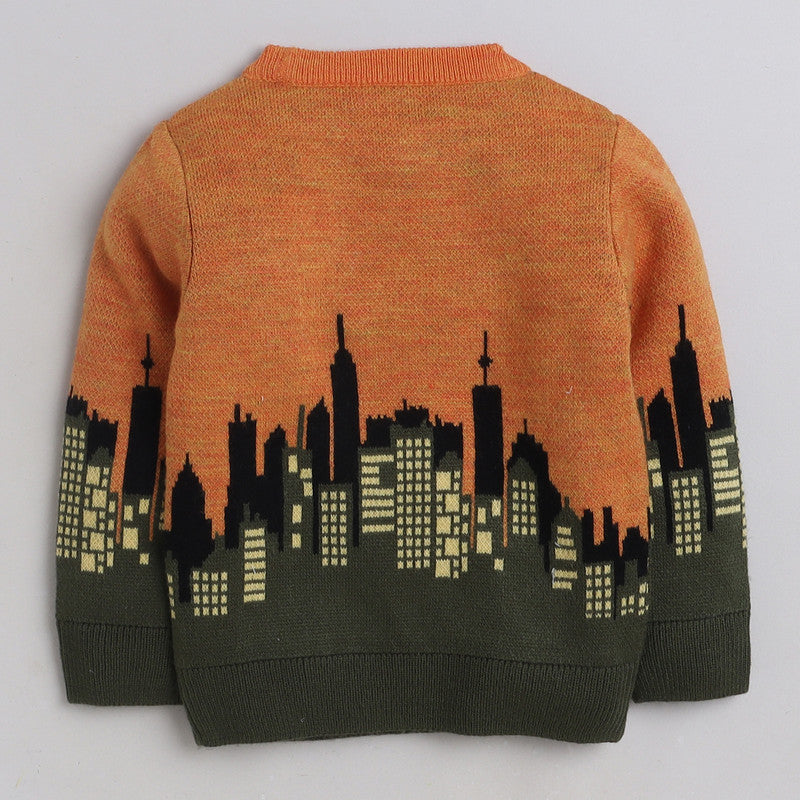 Boys Cityscape Knit Sweater | Soft Warm Round Neck Full Sleeve Winter Pullover | Cozy Kids Winter Knitwear