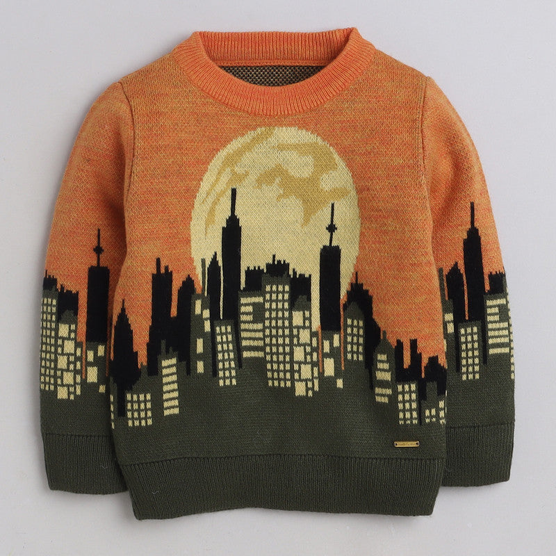 Boys Cityscape Knit Sweater | Soft Warm Round Neck Full Sleeve Winter Pullover | Cozy Kids Winter Knitwear