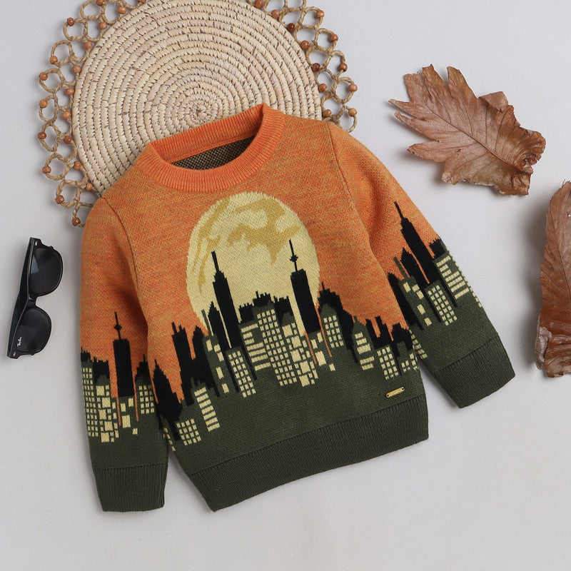 Boys Cityscape Knit Sweater | Soft Warm Round Neck Full Sleeve Winter Pullover | Cozy Kids Winter Knitwear
