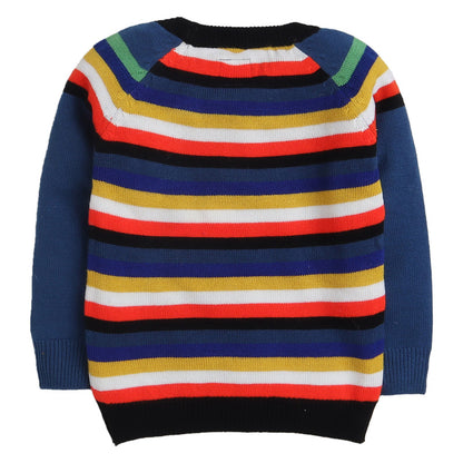 Boys Striped Round Neck Blue Sweater